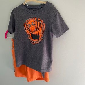 Boys Under Armor shirt and all in motion shorts